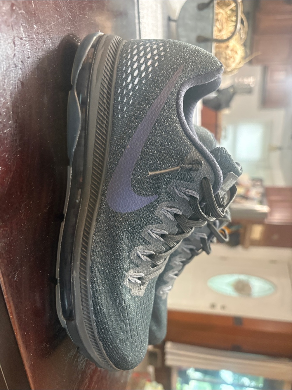 Nike Womens Black Mesh Athletic Shoe with Metallic Swoosh